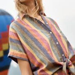 MADEWELL Linen Short-sleeve Tie-front Shirt in Rainbow Stripe